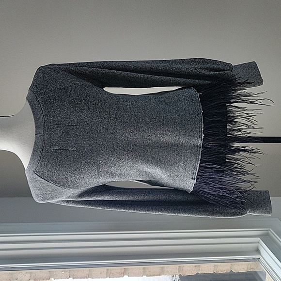 Le Superb Gray Sweatshirt Crewneck Feather Trim Long Sleeves‎ Women Sz Small - Picture 6 of 12